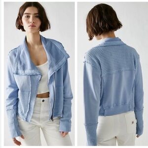 We The Free People Hazel Cardi Jacket Womens Large Sea Blue Waffle Knit Zip Up